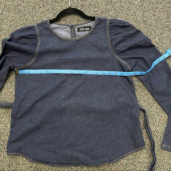 Dark Wash Denim Puff-Sleeve Long Belted Contrast Stitching Shirt Top Blouse Sz M - Picture 13 of 14